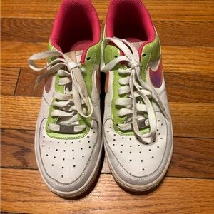 Pink/green/white Nike Air Force One size 6Y